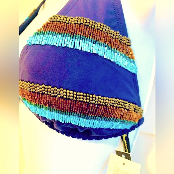 VIX PAULA HERMANNY GORGEOUS BEADED BIKINI NWT BOHO SUPER SEXY NAVY BLUE & GOLD - Picture 4 of 8